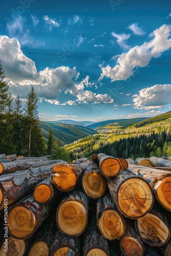Scenic landscape of cut logs in the forest against a backdrop of mountains and blue sky. Concepts of deforestation, natural resources, and environmental impact