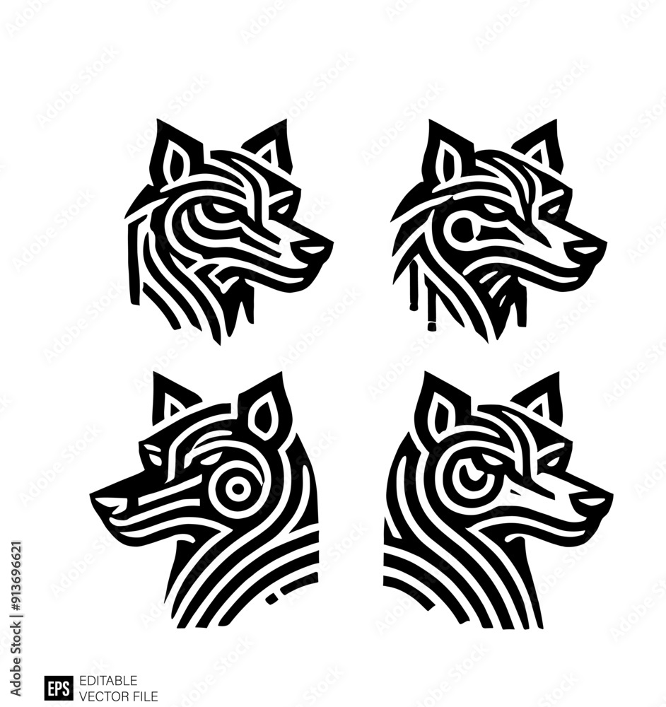 Fototapeta premium Set of wolf head tribal tattoo vector design ideas