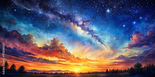 Watercolor painting of night sky with stunning sunset and stars, watercolor, painting, night sky, sunset, stars, beautiful, dusk