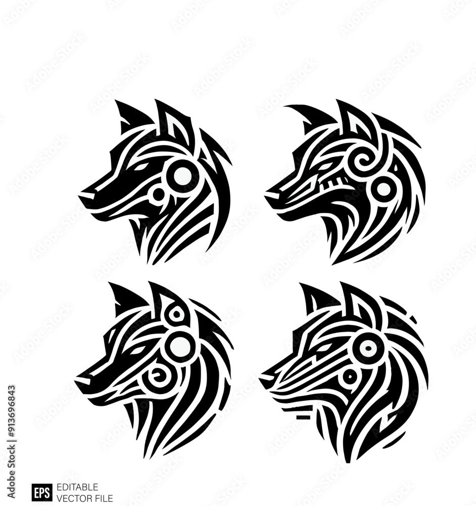 Set of wolf head tribal tattoo vector design ideas Set of wolf head tribal tattoo vector design ideas