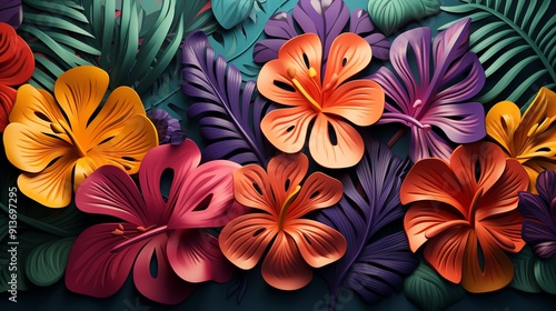 Vibrant tropical flowers and leaves in paper art style.