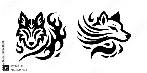 Set of wolf head tribal tattoo vector design ideas