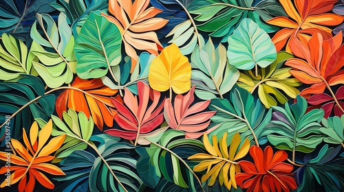 Vibrant colorful tropical leaves background pattern.