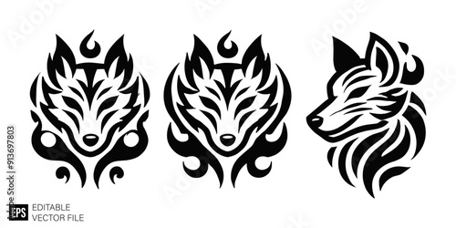 Set of wolf head tribal tattoo vector design ideas