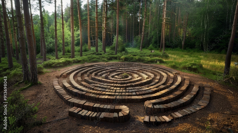 A mesmerizing wooden spiral labyrinth nestled within a verdant forest, symbolizing introspection, nature's wonder, the journey of life, connection, and mindfulness. A mesmerizing wooden spiral labyrinth nestled within a verdant forest, symbolizing introspection, nature's wonder, the journey of life, connection, and mindfulness.