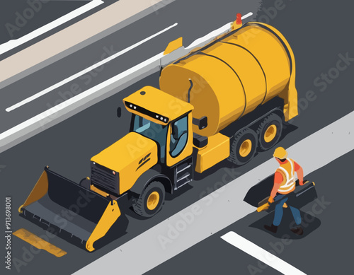 Yellow steamroller for paving asphalt. Road work in 3d isometric scene. Road roller and lorry truck. Asphalting machine with workers on highway. Road pavement improvement. Vector illustration
