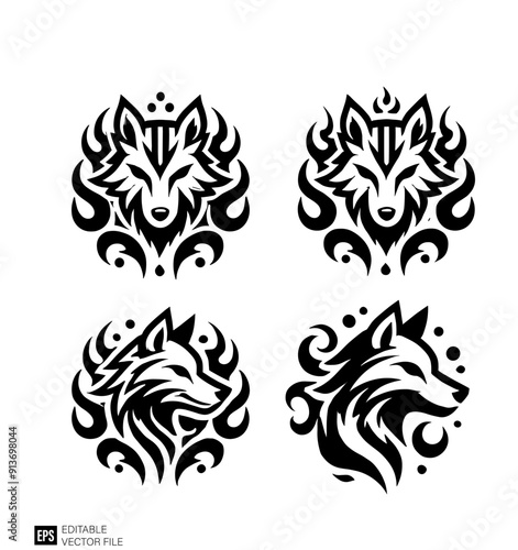 Set of tribal wolf head tattoo design illustration