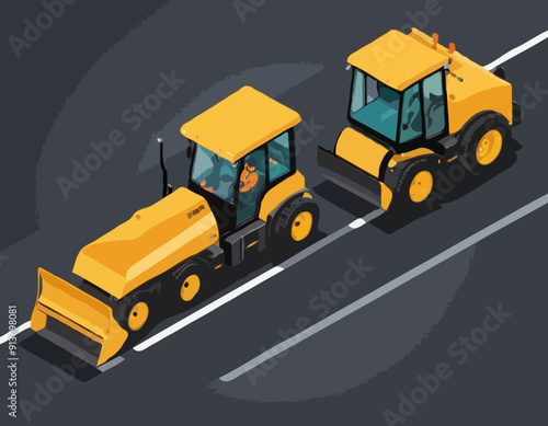 Yellow steamroller for paving asphalt. Road work in 3d isometric scene. Road roller and lorry truck. Asphalting machine with workers on highway. Road pavement improvement. Vector illustration
