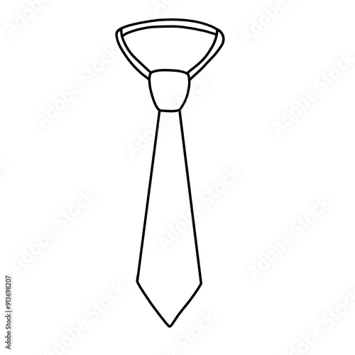 A simple black and white line drawing of a necktie. The design shows a traditional tie with a knot at the top and a long, tapered body, drawn in a minimalist style. This illustration represents formal