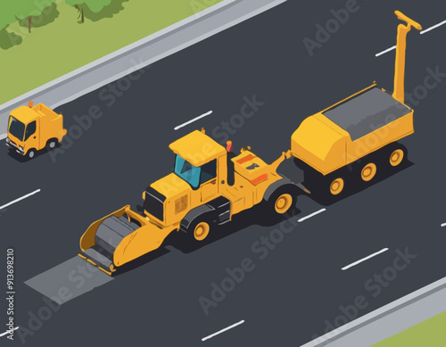 Yellow steamroller for paving asphalt. Road work in 3d isometric scene. Road roller and lorry truck. Asphalting machine with workers on highway. Road pavement improvement. Vector illustration
