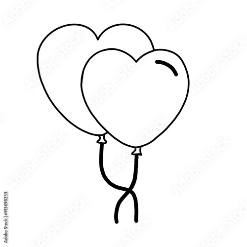 A simple black and white line drawing of two heart-shaped balloons, tied together at the bottom with their strings intertwined. The minimalist design represents love, celebration, and joy, often assoc photo