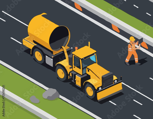 Yellow steamroller for paving asphalt. Road work in 3d isometric scene. Road roller and lorry truck. Asphalting machine with workers on highway. Road pavement improvement. Vector illustration
