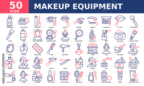 Makeup equipment icon collection set. Simple line color vector.