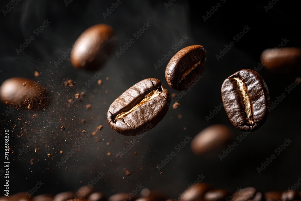 Coffee beans in flight on a dark background with generative ai Coffee beans in flight on a dark background with generative ai