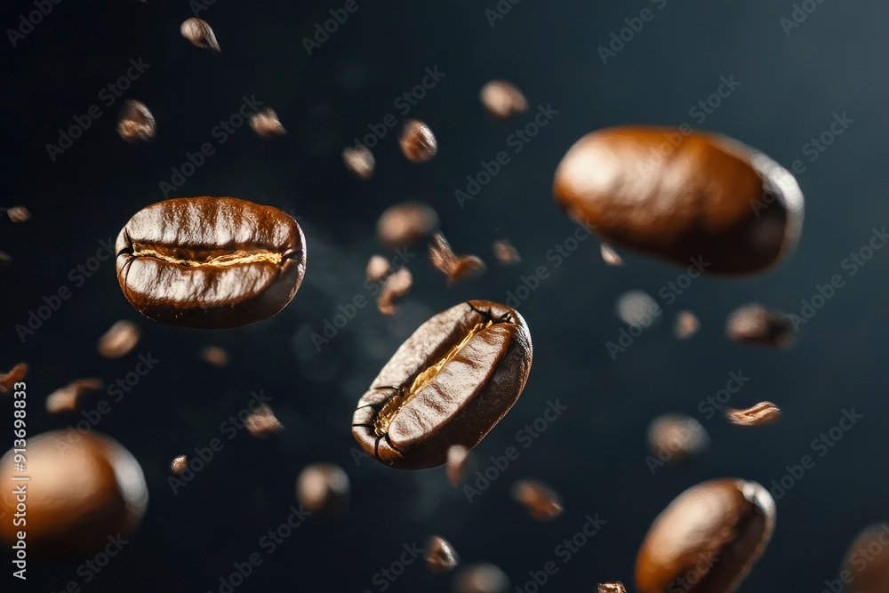 Coffee beans in flight on a dark background with generative ai Coffee beans in flight on a dark background with generative ai