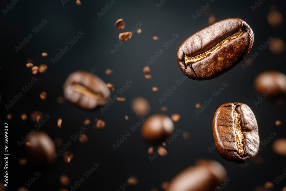 Coffee beans in flight on a dark background with generative ai Coffee beans in flight on a dark background with generative ai