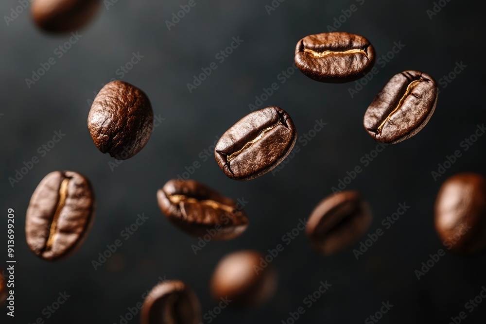 Coffee beans in flight on a dark background with generative ai Coffee beans in flight on a dark background with generative ai