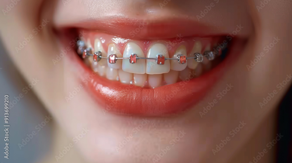 Obraz premium Close-up of a beautiful smile showcasing colorful braces. Perfect for dental and orthodontic marketing,
