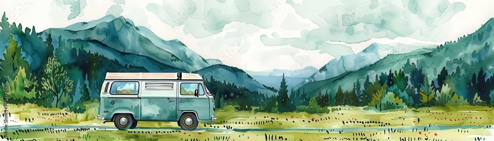 Beautiful watercolor of a van driving in nature, green meadows and mountains, triadic colors