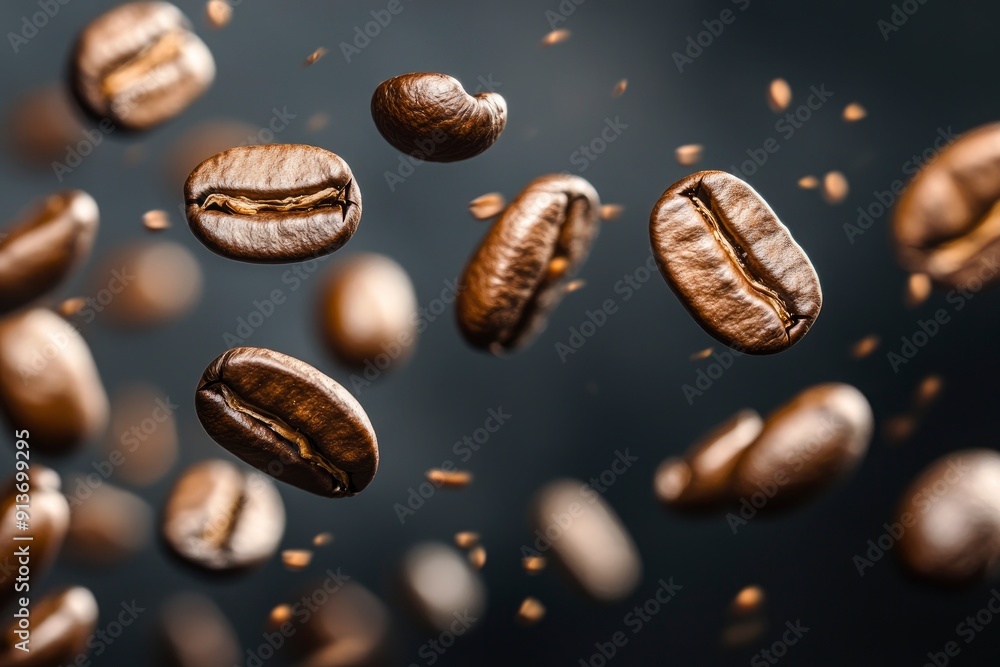 Coffee beans in flight on a dark background with generative ai Coffee beans in flight on a dark background with generative ai