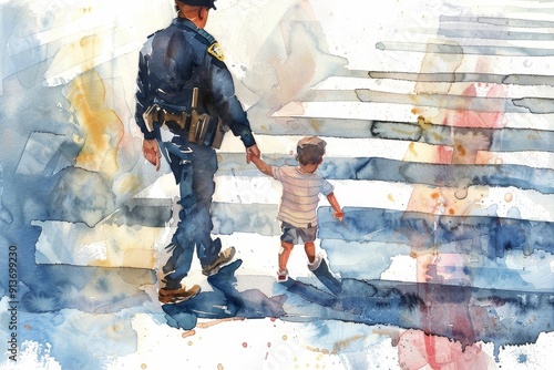 A police officer in uniform guides a young child across a crosswalk, symbolizing safety, protection, guidance, and community.