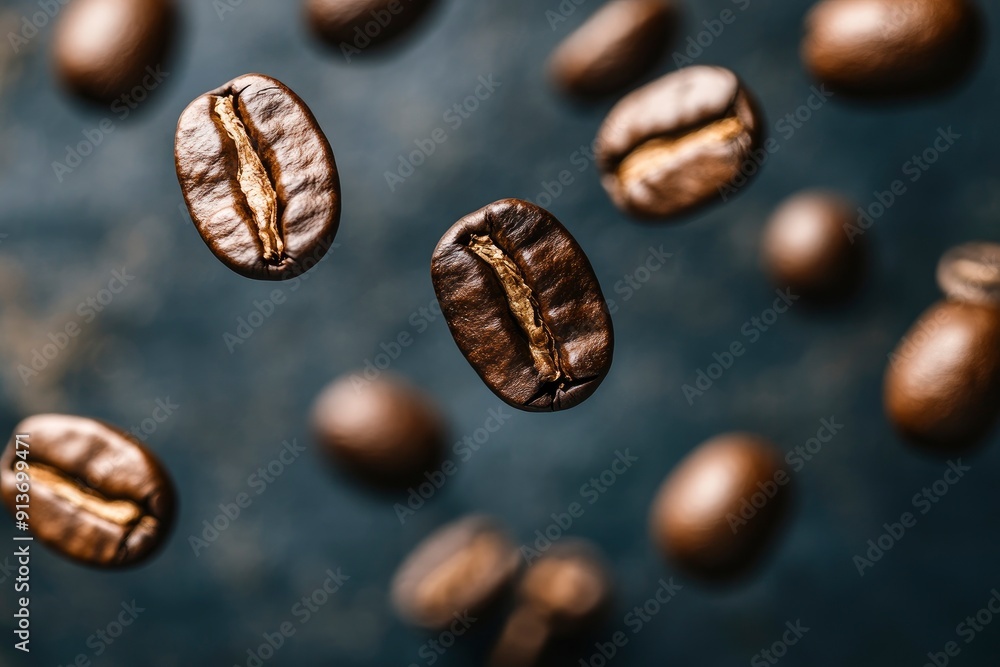 Coffee beans in flight on a dark background with generative ai Coffee beans in flight on a dark background with generative ai