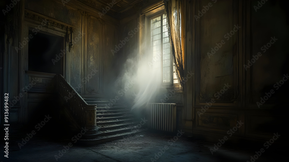 Sunbeams illuminate a dusty, abandoned staircase in an old building. Sunbeams illuminate a dusty, abandoned staircase in an old building.