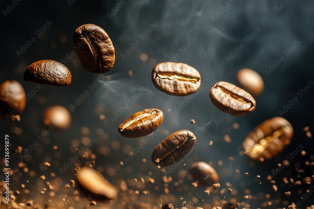 Coffee beans in flight on a dark background with generative ai Coffee beans in flight on a dark background with generative ai