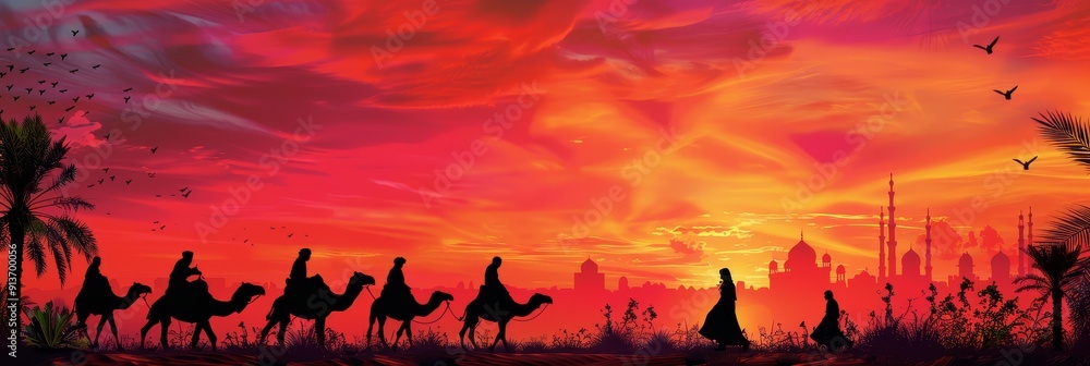Fototapeta premium A silhouette of a caravan traveling through a desert landscape at sunset, with a city skyline in the background, symbolizing journey, adventure, exploration, culture, and tradition.