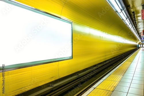 a yellow train is moving through a station photo