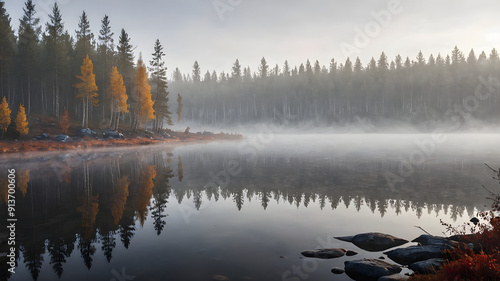 Photograph of a foggy autumn morning on a quiet and relaxing lakeside.