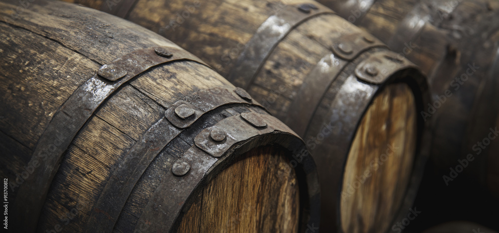 Old Wooden Barrels Stored in a Dimly Lit Rustic Cellar for Aging Beverages Old Wooden Barrels Stored in a Dimly Lit Rustic Cellar for Aging Beverages