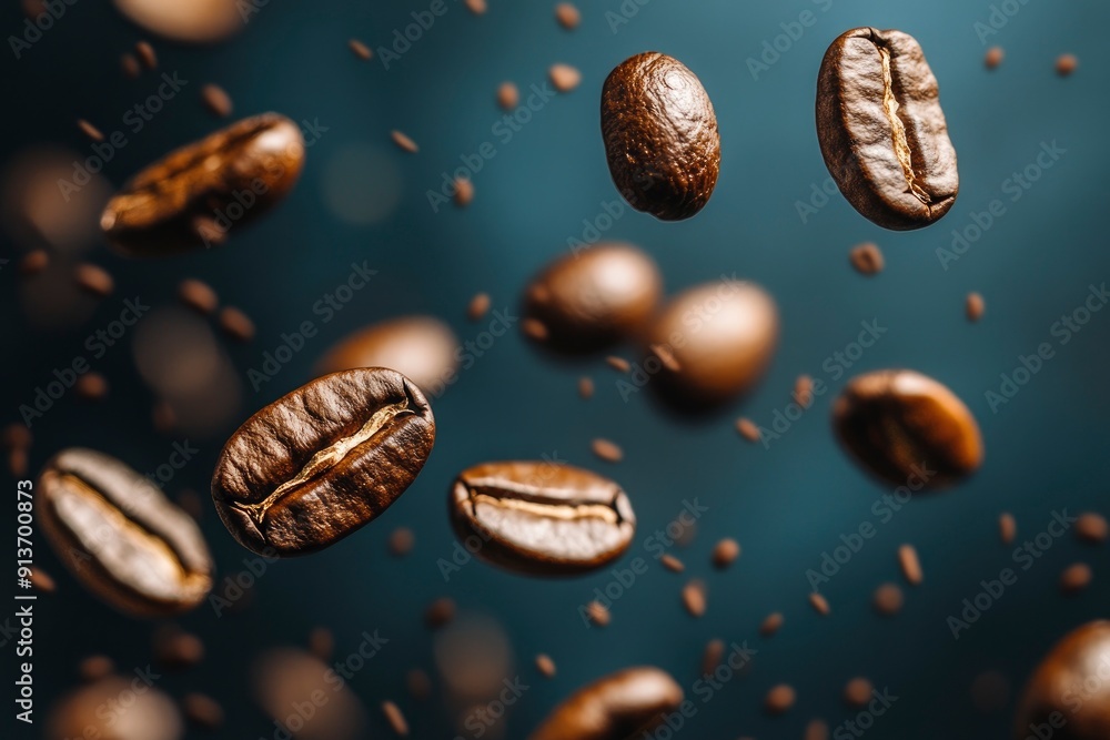 Coffee beans in flight on a dark background with generative ai Coffee beans in flight on a dark background with generative ai