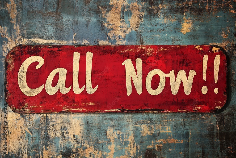 Fototapeta premium Red Retro Vintage Call Now Sign on Aged Blue Peeling Painted Grunge Wall Generative Illustration