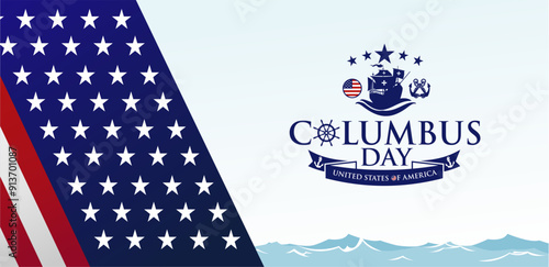 United States Columbus Day Celebration 2024 Vector Illustration with ship, anchor and waves. Best for Poster, Background, Banner, Greeting Card, Flyer, Card, Cover, Template.  photo