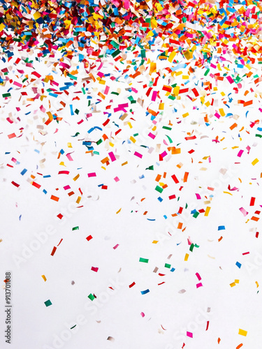 image with a white background, pieces of colorful confetti gently falling from the sky. The confetti small, with consistent shapes such as circles or squares, to create a subtle festive effect