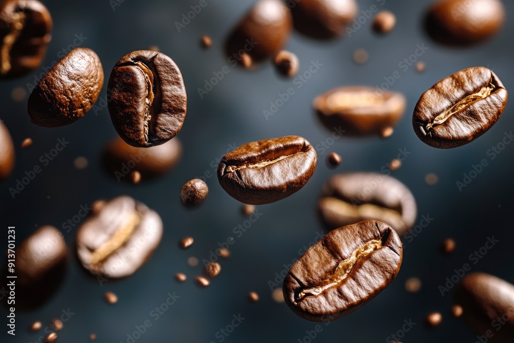 Coffee beans in flight on a dark background with generative ai Coffee beans in flight on a dark background with generative ai