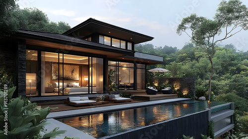 Modern house with a pool overlooking a lush forest.