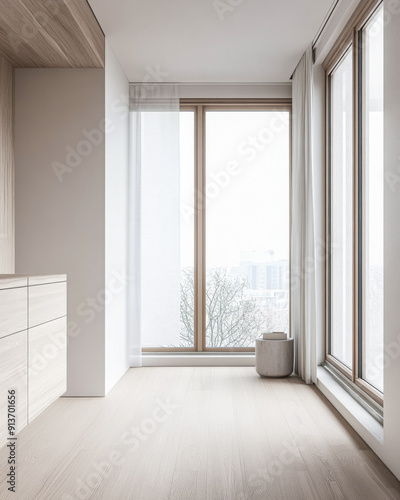 Empty room in a luxury property with natural lighting and ample copyspace.Premium realty interiors composition in neutral colors.