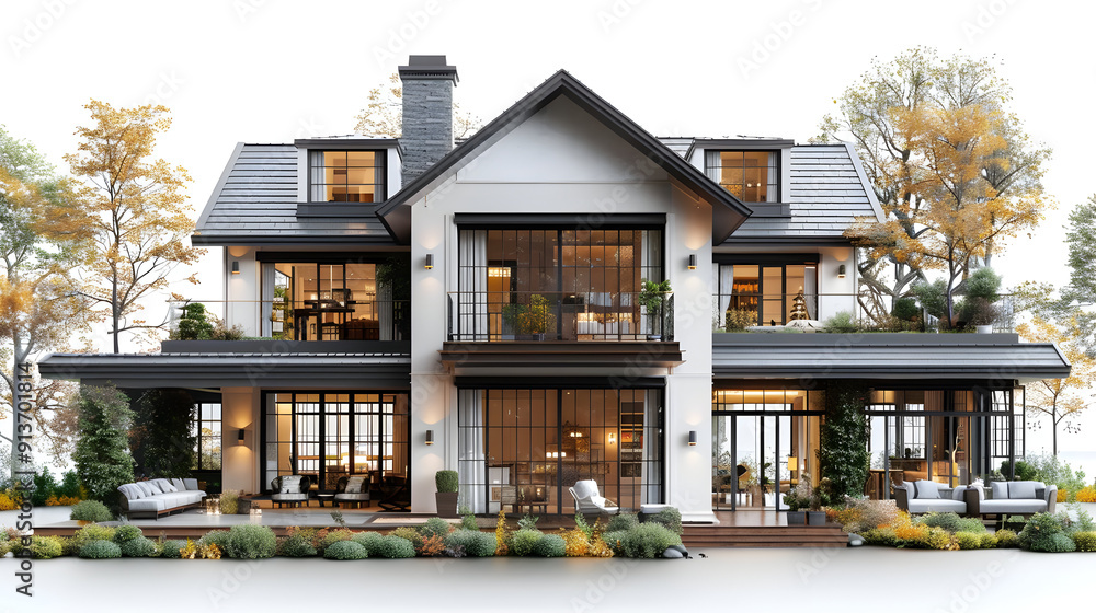 Modern Farmhouse with Black Windows and Balcony - 3D Illustration Modern Farmhouse with Black Windows and Balcony - 3D Illustration