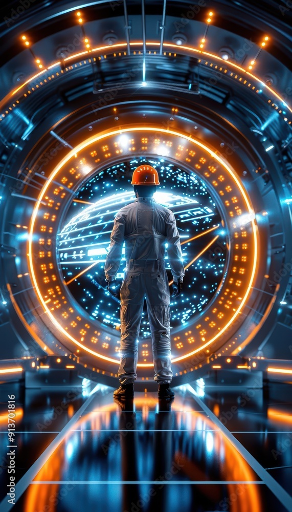 Obraz premium A futuristic traveler stands before a glowing portal, immersed in a world of light and technology, ready for adventure.
