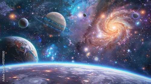 Fototapeta Naklejka Na Ścianę i Meble -  A cosmic symphony: The vibrant tapestry of stars and planets dance in a mesmerizing space odyssey for your background business, poster, wallpaper, banner, backdrop, greeting cards, and advertising