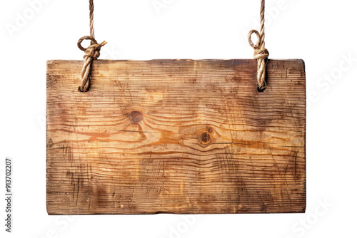 Rustic Hanging Wooden Signboard with Rope Isolated on White Background