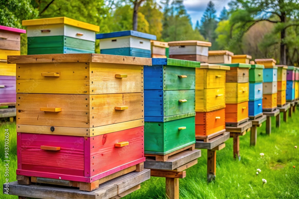 Vibrant wooden bee boxes, painted in bright colors, teeming with active honey bee colonies, surrounded by telescopic hive frames secured with nylon straps outdoors. Vibrant wooden bee boxes, painted in bright colors, teeming with active honey bee colonies, surrounded by telescopic hive frames secured with nylon straps outdoors.