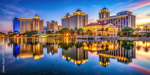 Luxurious casino, hotel, and resort on the iconic Strip boulevard reflects in serene lake, showcasing opulent grandeur amidst vibrant city lights at dusk.