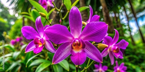 Exquisite purple petals of Guarianthe skinneri, a majestic orchid species, native to Central America, blooms delicately, showcasing its vibrant beauty as Costa Rica's national flower.