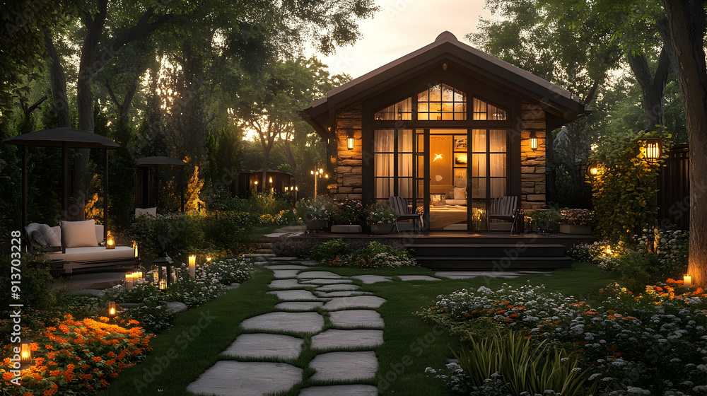 Cozy Cabin Retreat with Stone Path and Evening Lights Cozy Cabin Retreat with Stone Path and Evening Lights