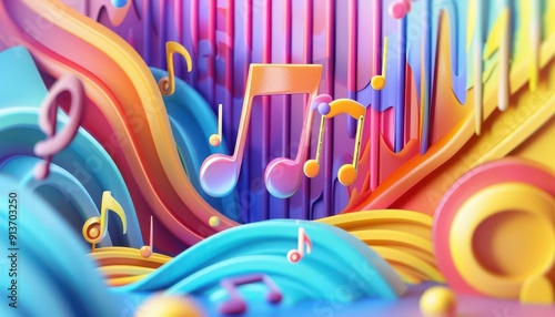 Abstract 3D shapes with embedded music symbols, 3D background music, artistic and unique photo