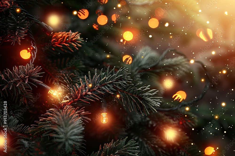 close-up of the branches of a christmas tree, with the lights hanging from it. close-up of the branches of a christmas tree, with the lights hanging from it.
