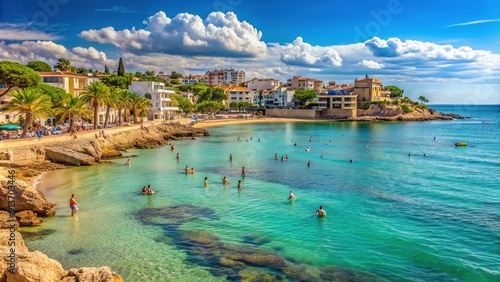 Serene Mediterranean coastline of l'Ampolla, Tarragona, Spain, featuring bathers soaking up the sun, calm turquoise waters, and picturesque townscapes on a warm summer day.